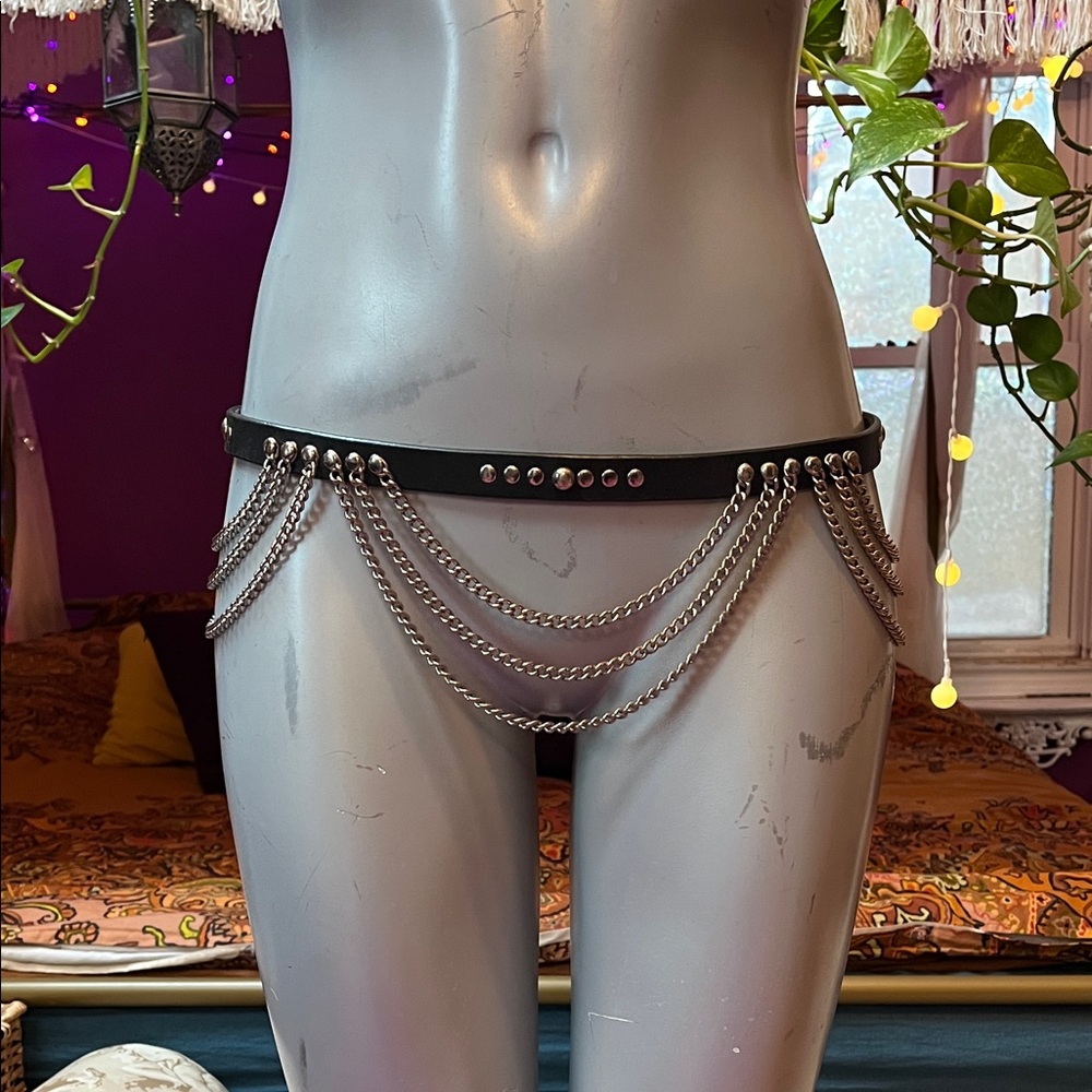 Vintage Goth Punk silver studded multi drape chains black leather belt